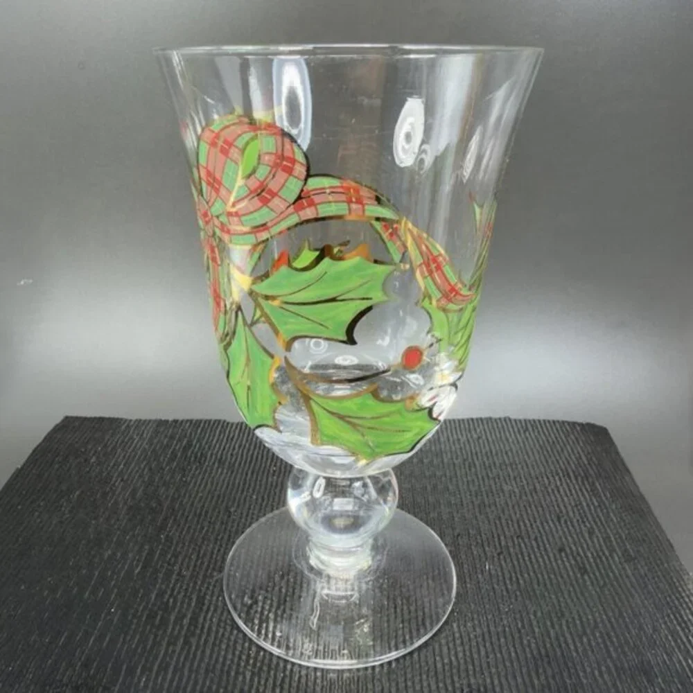 Lenox Holiday Plaid Ribbon Iced Tea Glass Footed Goblet‎ Cup Hand Painted Single